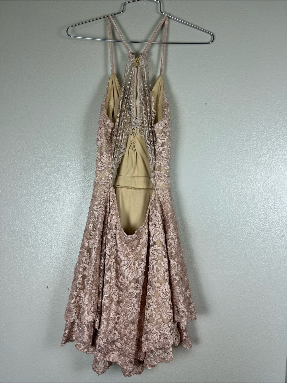 Windsor Homecoming Strappy Lace Fit & Flare Mini Dress in Taupe size large - Picture 4 of 9